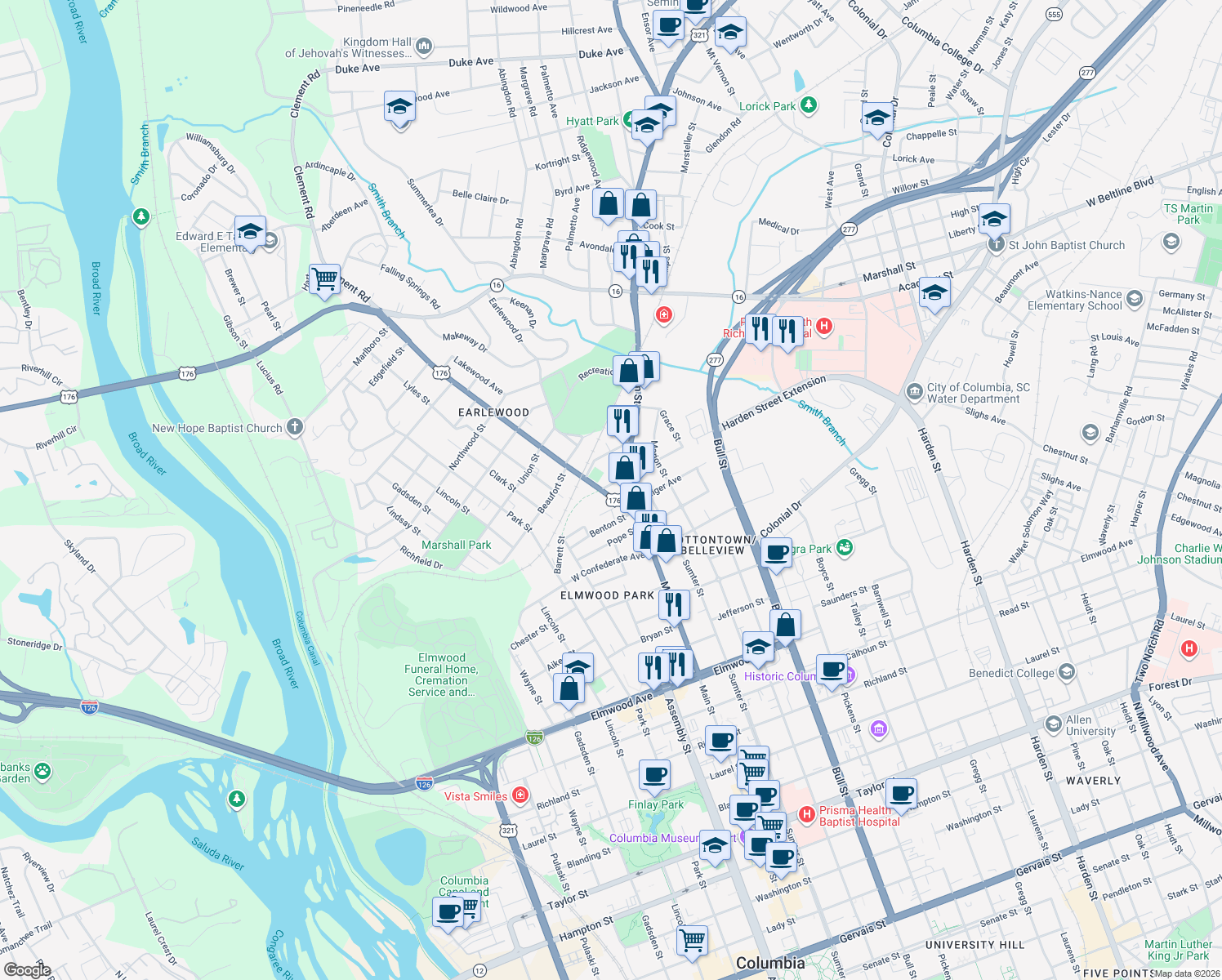 map of restaurants, bars, coffee shops, grocery stores, and more near 2650 River Drive in Columbia