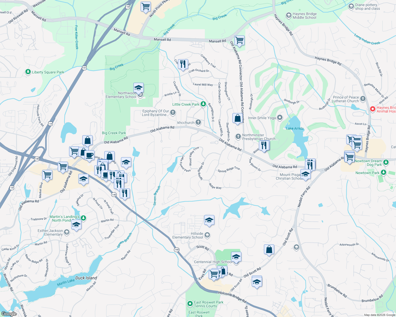 map of restaurants, bars, coffee shops, grocery stores, and more near 225 Overlook Ct in Roswell