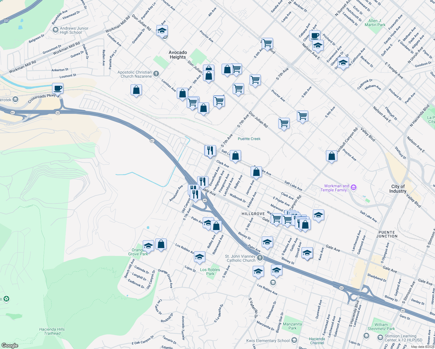 map of restaurants, bars, coffee shops, grocery stores, and more near 950 Doverfield Avenue in Hacienda Heights