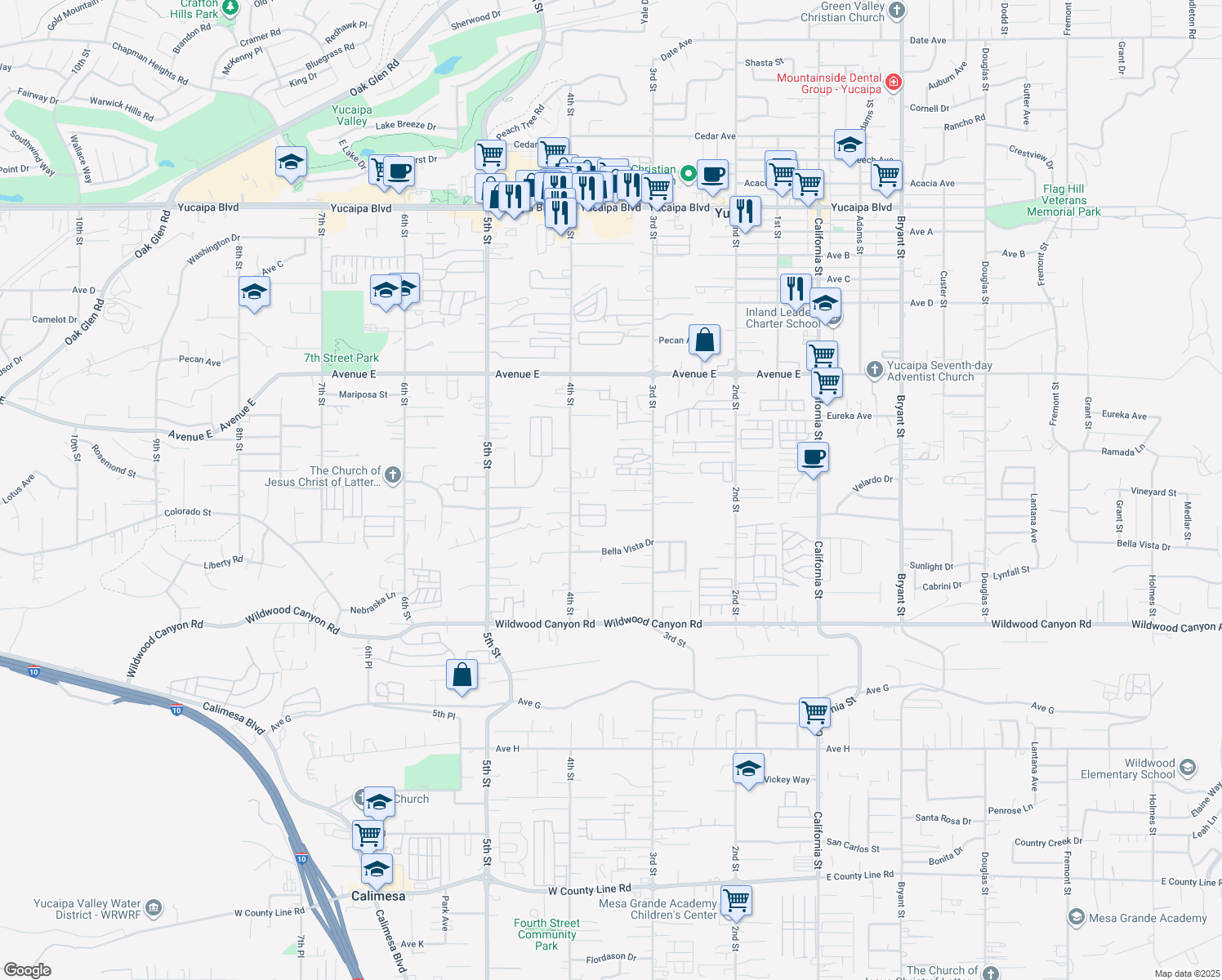 map of restaurants, bars, coffee shops, grocery stores, and more near Kelly Lane in Yucaipa