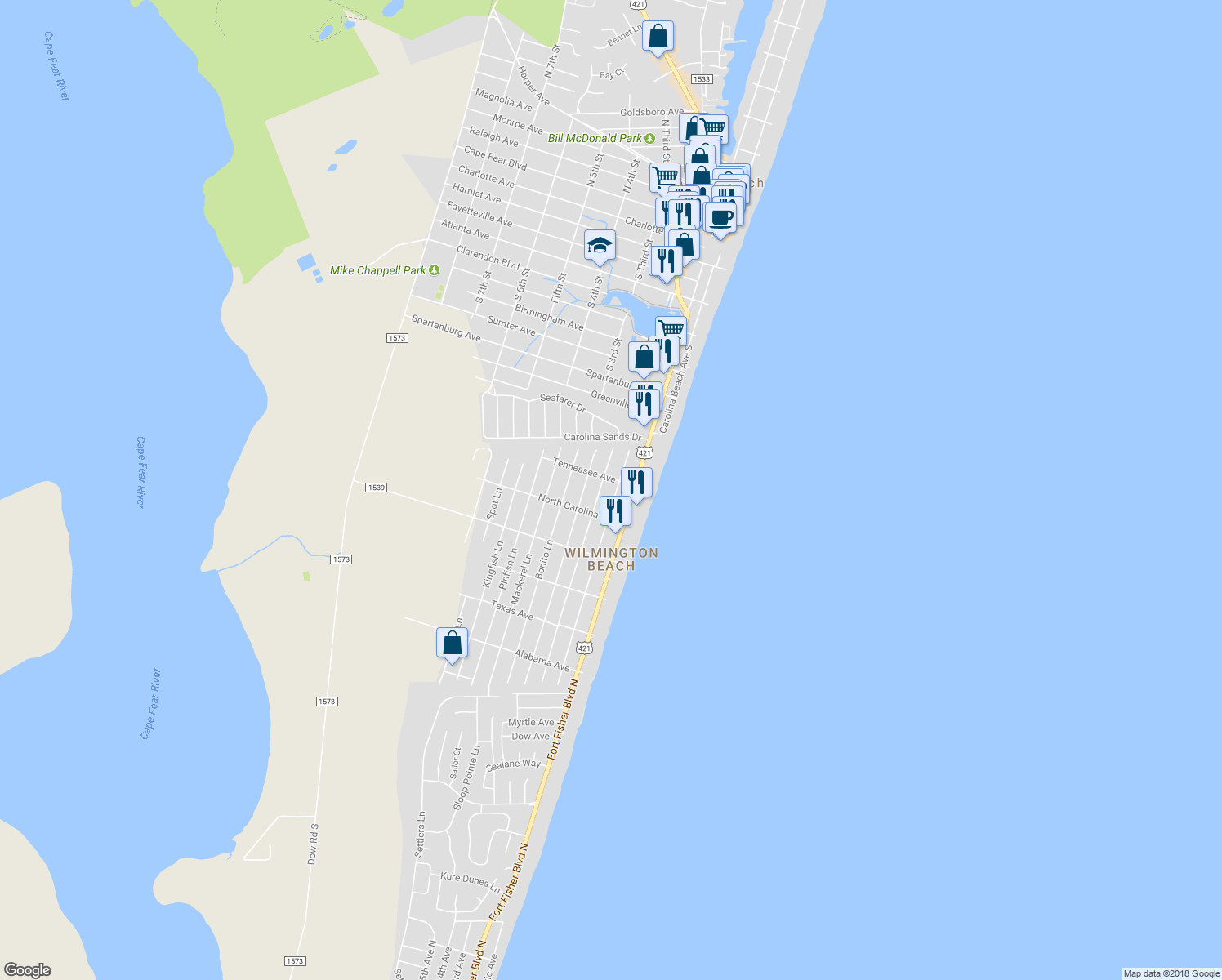 map of restaurants, bars, coffee shops, grocery stores, and more near 1206 Bowfin Lane in Carolina Beach