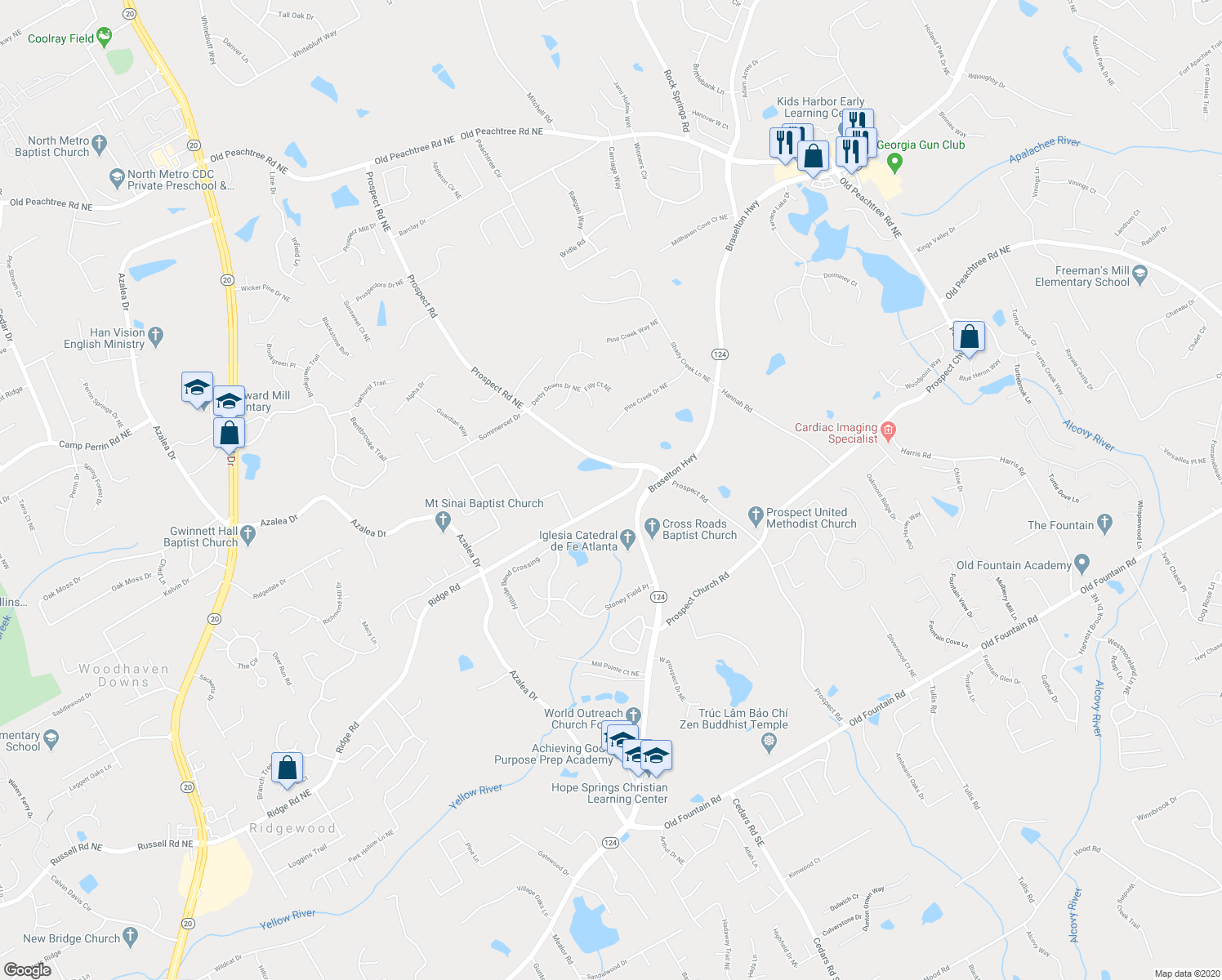 map of restaurants, bars, coffee shops, grocery stores, and more near 1430 Ridge Road in Lawrenceville