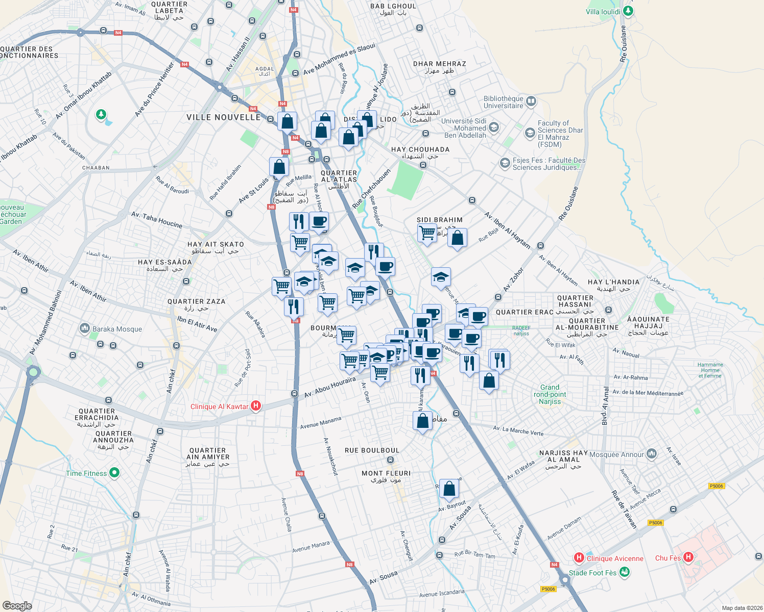 map of restaurants, bars, coffee shops, grocery stores, and more near Avenue Moulay Rachid in Fes