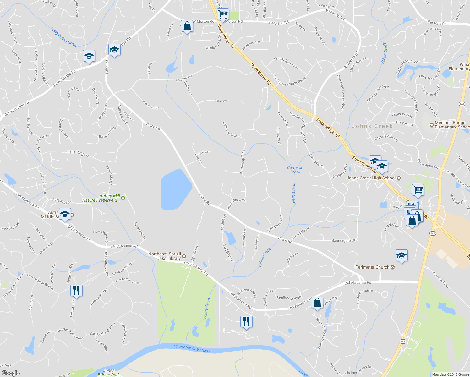 map of restaurants, bars, coffee shops, grocery stores, and more near 415 Oak Laurel Court in Alpharetta