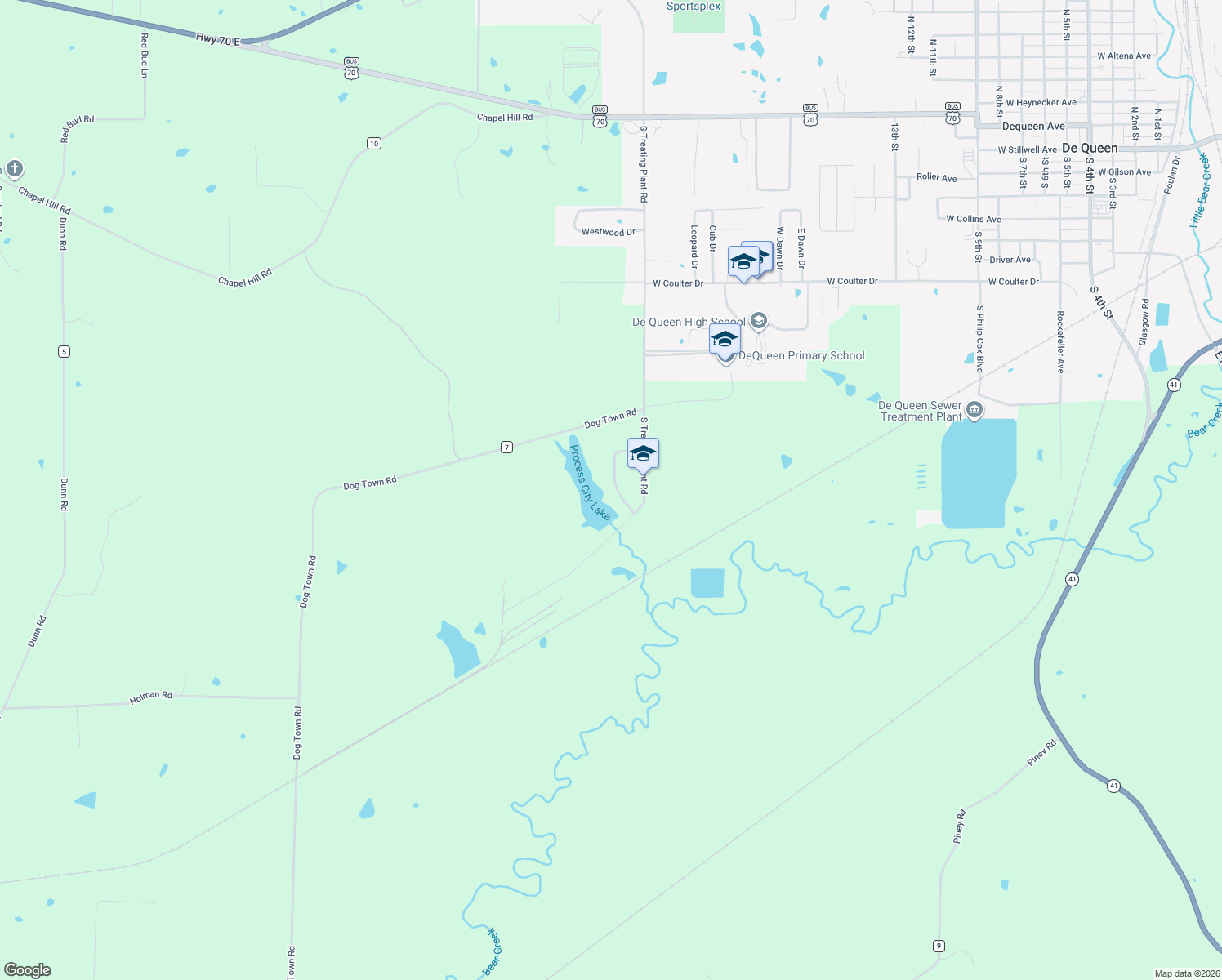 map of restaurants, bars, coffee shops, grocery stores, and more near 138 Process Heights in De Queen