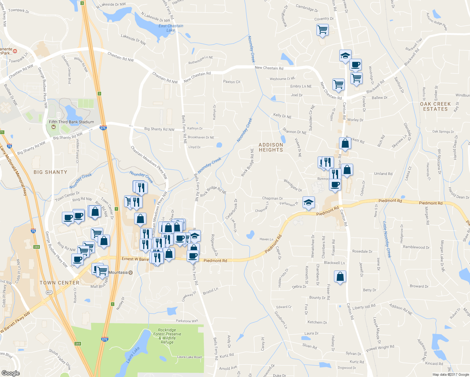 map of restaurants, bars, coffee shops, grocery stores, and more near 2917 Rock Bridge Road Northeast in Marietta