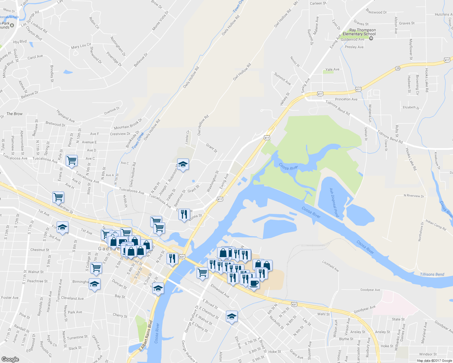 map of restaurants, bars, coffee shops, grocery stores, and more near 339 Ewing Avenue in Gadsden
