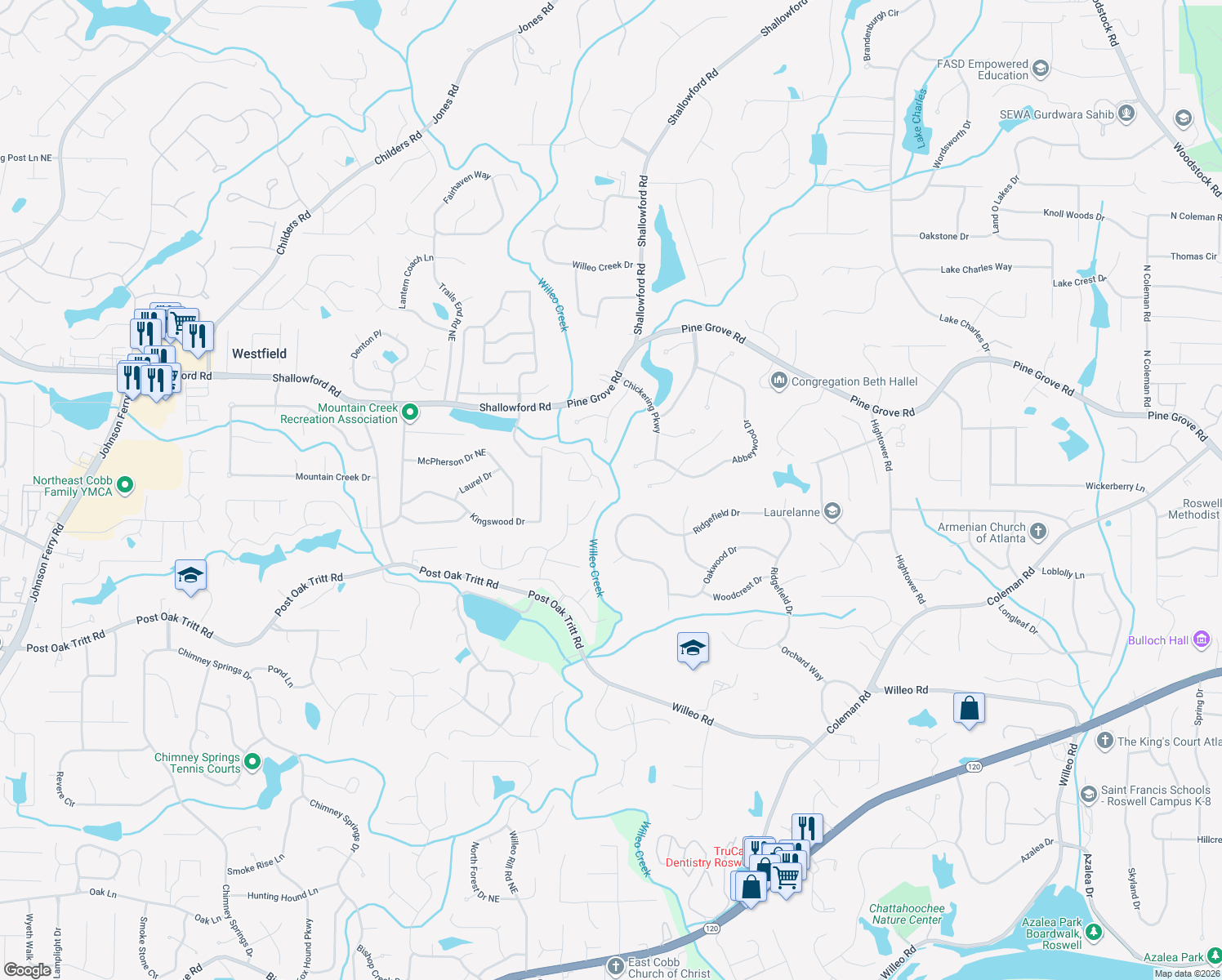 map of restaurants, bars, coffee shops, grocery stores, and more near 2994 Tynewick Walk Northeast in Roswell