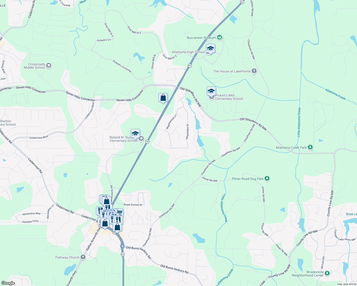 map of restaurants, bars, coffee shops, grocery stores, and more near 136 Maplewood Cove in Acworth