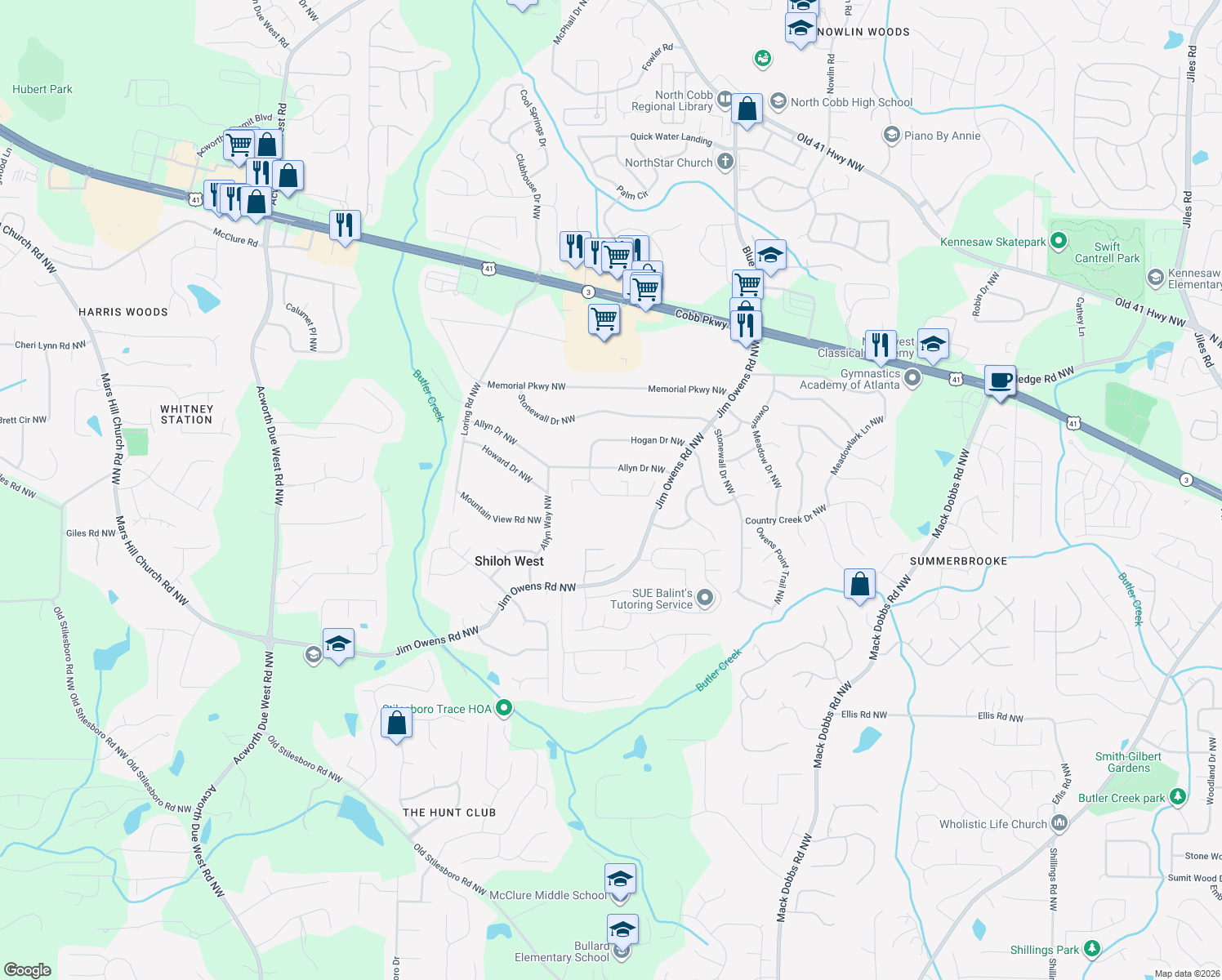map of restaurants, bars, coffee shops, grocery stores, and more near 2814 Magnolia Creek Drive Northwest in Kennesaw