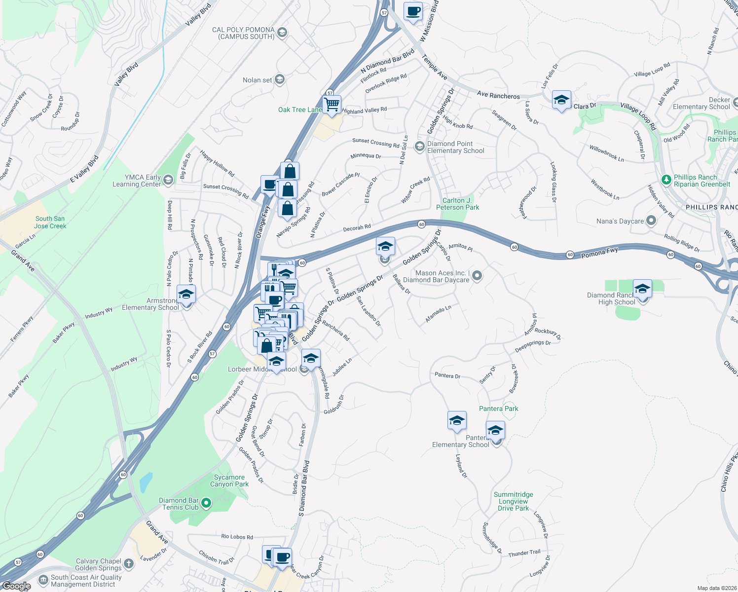 map of restaurants, bars, coffee shops, grocery stores, and more near 23855 Chinook Place in Diamond Bar
