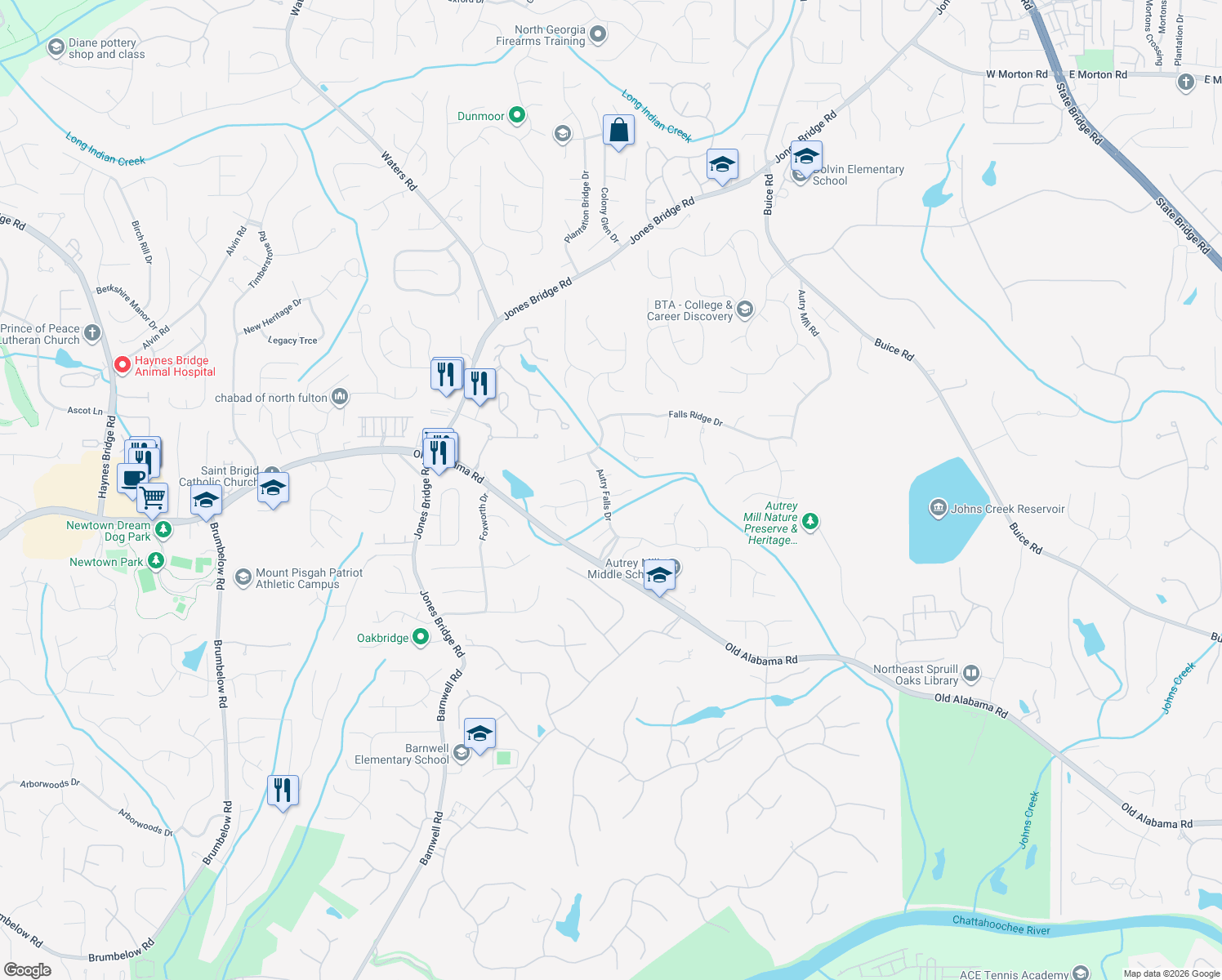 map of restaurants, bars, coffee shops, grocery stores, and more near 9865 Autry Falls Dr in Alpharetta