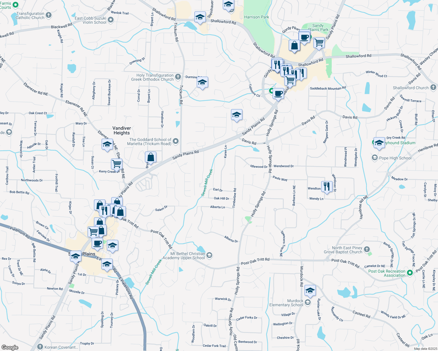 map of restaurants, bars, coffee shops, grocery stores, and more near 2977 Karen Lane in Marietta