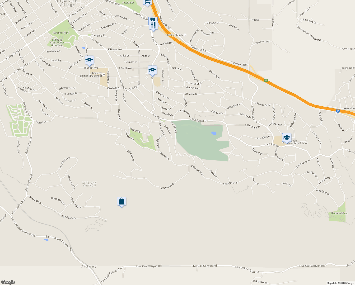 map of restaurants, bars, coffee shops, grocery stores, and more near 1805 Canyon Road in Redlands