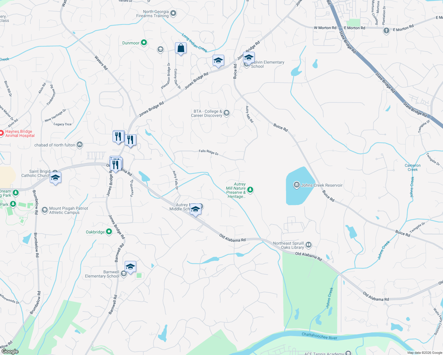 map of restaurants, bars, coffee shops, grocery stores, and more near 370 Falls Point Trail in Alpharetta