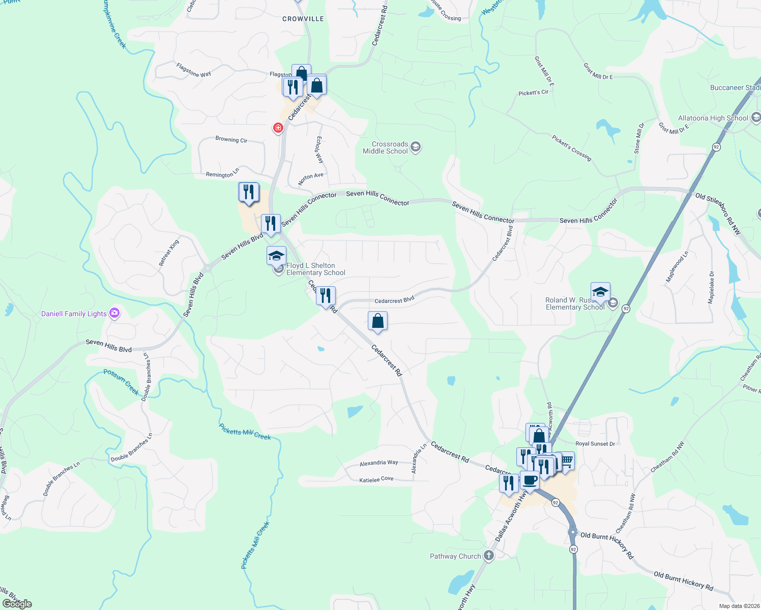 map of restaurants, bars, coffee shops, grocery stores, and more near 53 Branch Valley Way in Dallas