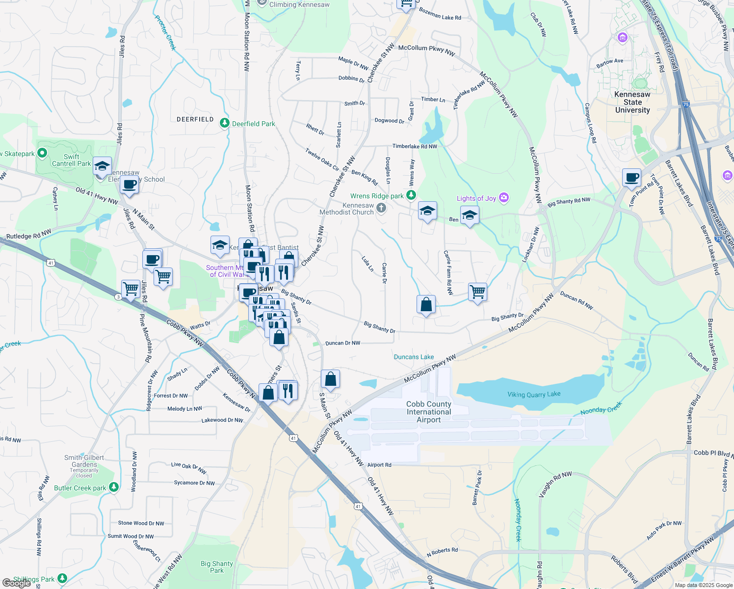 map of restaurants, bars, coffee shops, grocery stores, and more near 2848 Pine Hill Drive in Kennesaw