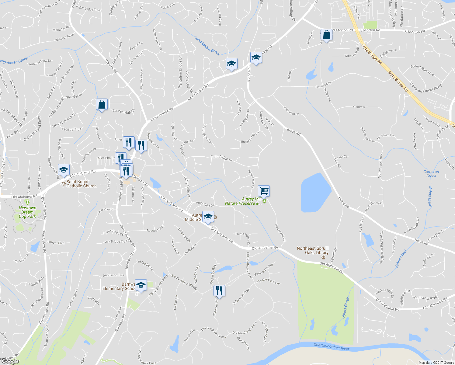 map of restaurants, bars, coffee shops, grocery stores, and more near 395 Falls Point Trail in Alpharetta