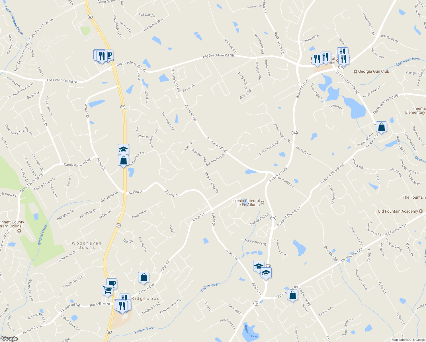 map of restaurants, bars, coffee shops, grocery stores, and more near 1260 Pinyon Place in Lawrenceville