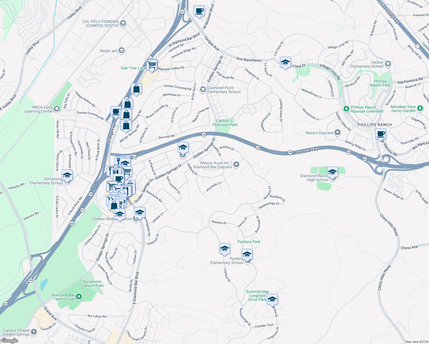 map of restaurants, bars, coffee shops, grocery stores, and more near 431 South Del Sol Lane in Diamond Bar