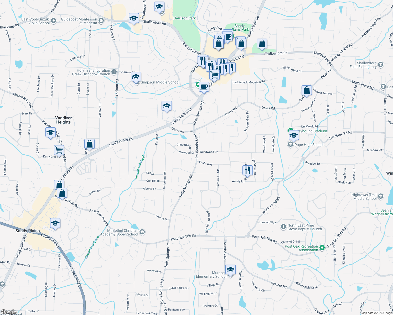 map of restaurants, bars, coffee shops, grocery stores, and more near 2985 Holly Springs Rd in Marietta