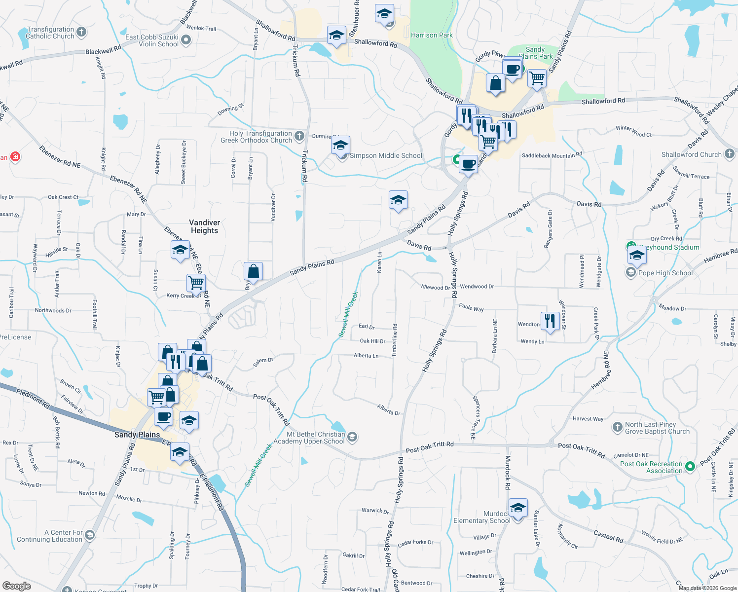 map of restaurants, bars, coffee shops, grocery stores, and more near 2993 Karen Lane in Marietta