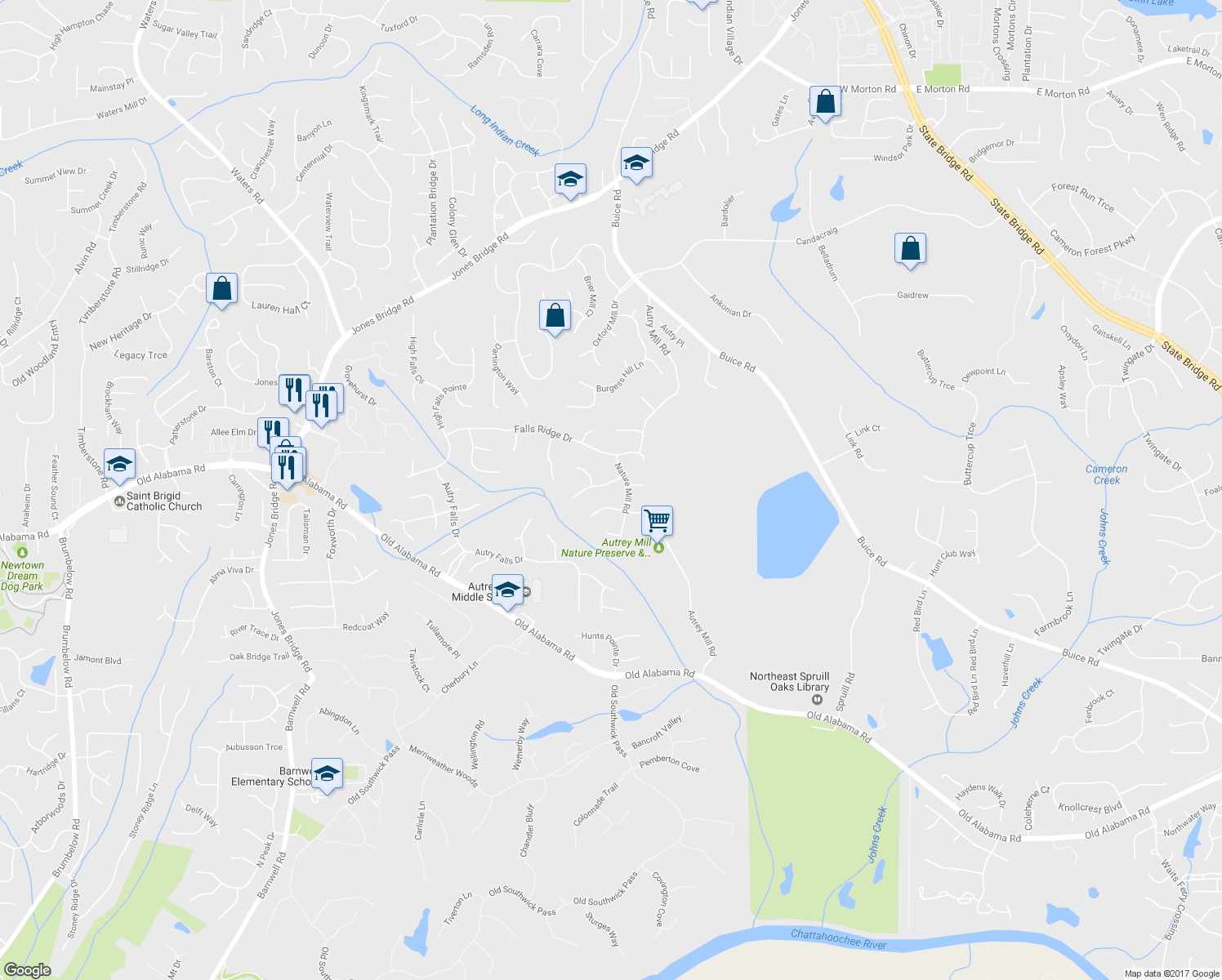 map of restaurants, bars, coffee shops, grocery stores, and more near 320 Falls Point Trail in Alpharetta