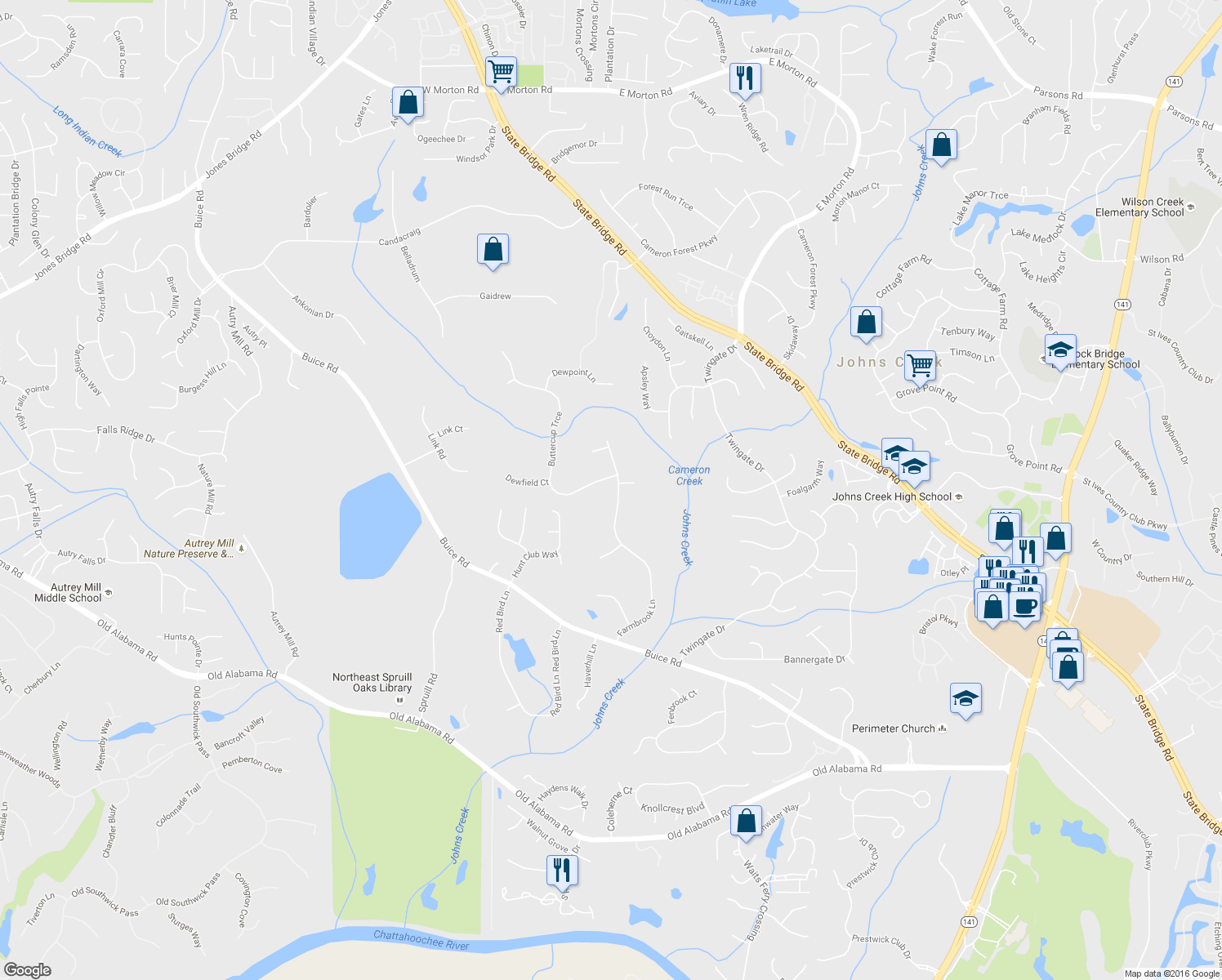 map of restaurants, bars, coffee shops, grocery stores, and more near 9910 Farmbrook Lane in Alpharetta
