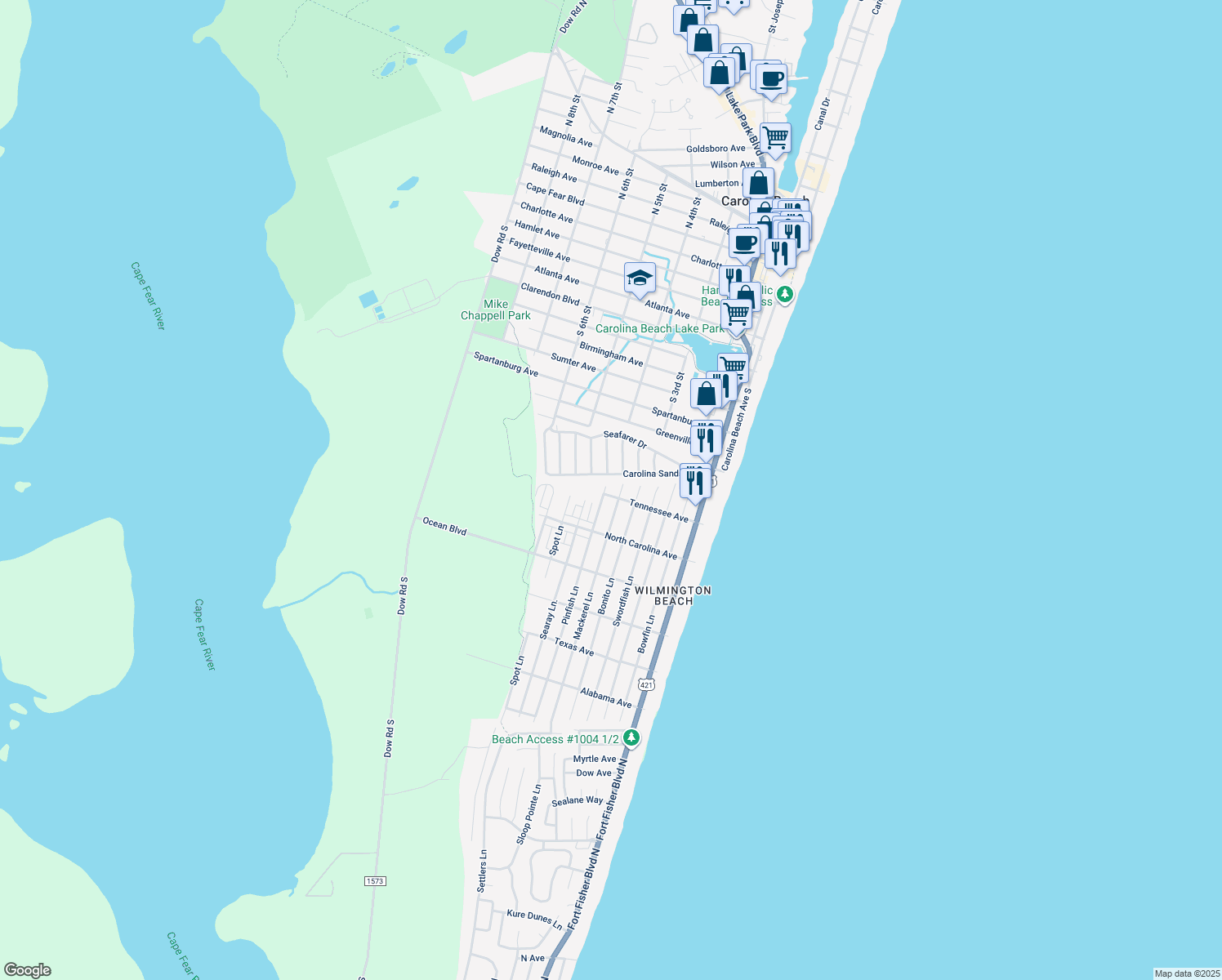 map of restaurants, bars, coffee shops, grocery stores, and more near 604 Tennessee Avenue in Carolina Beach