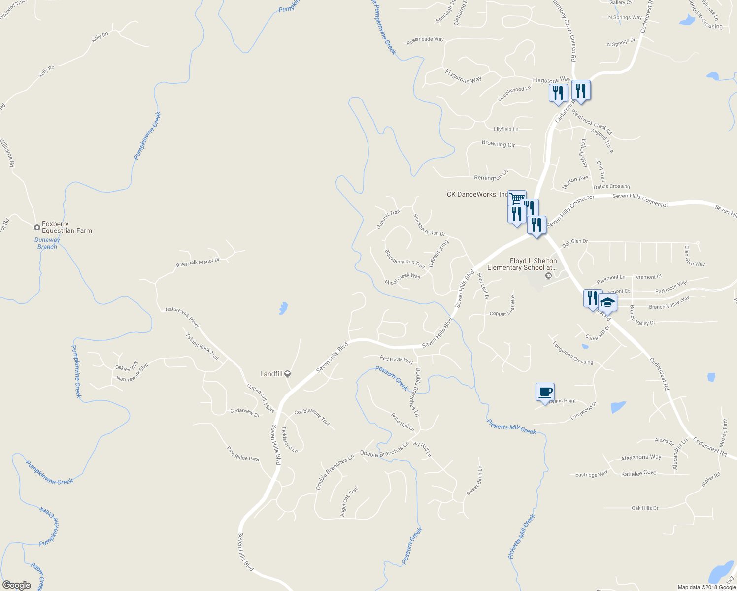 map of restaurants, bars, coffee shops, grocery stores, and more near 268 Treadstone Lane in Dallas