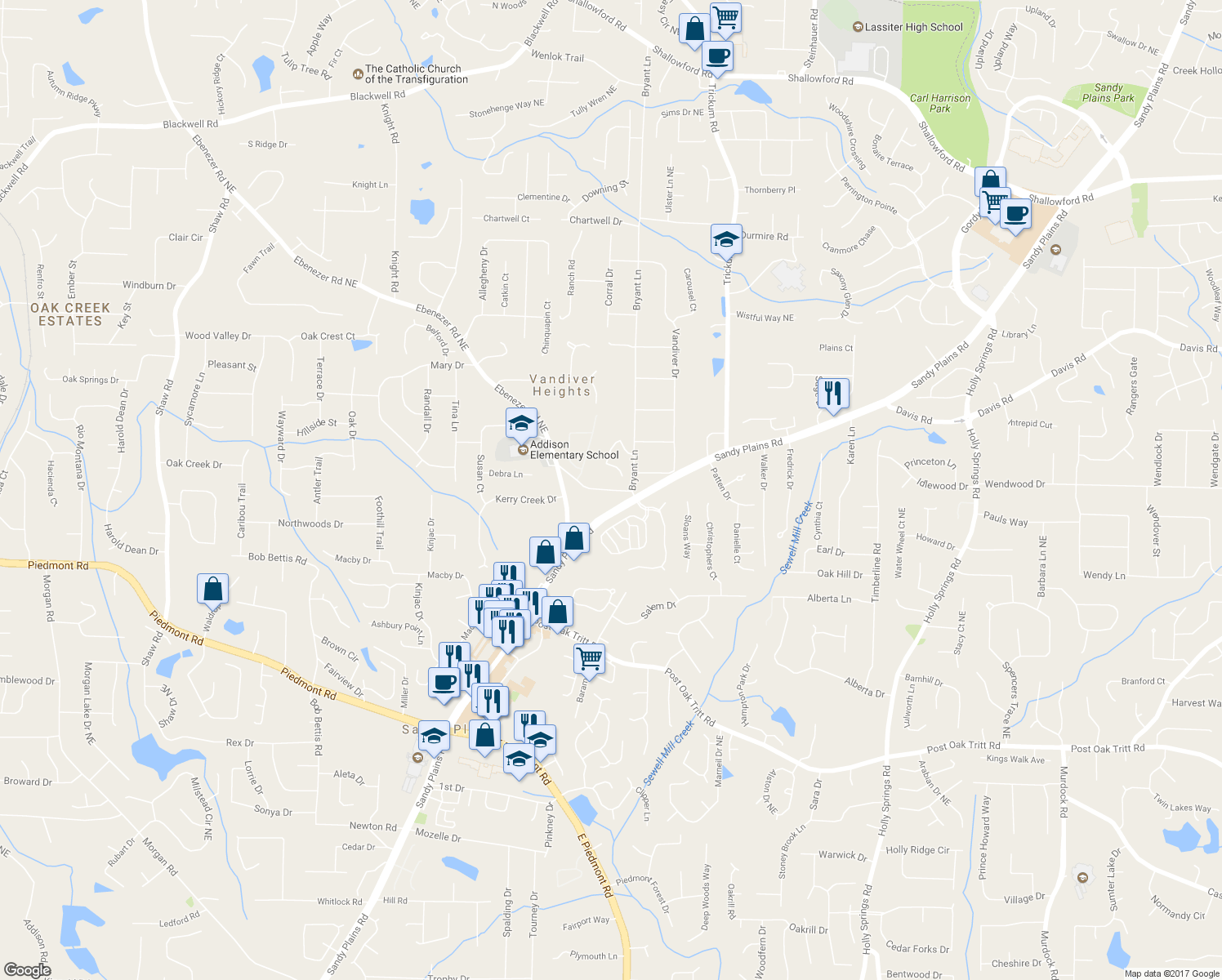 map of restaurants, bars, coffee shops, grocery stores, and more near 2205 Beaver Shop Road in Marietta
