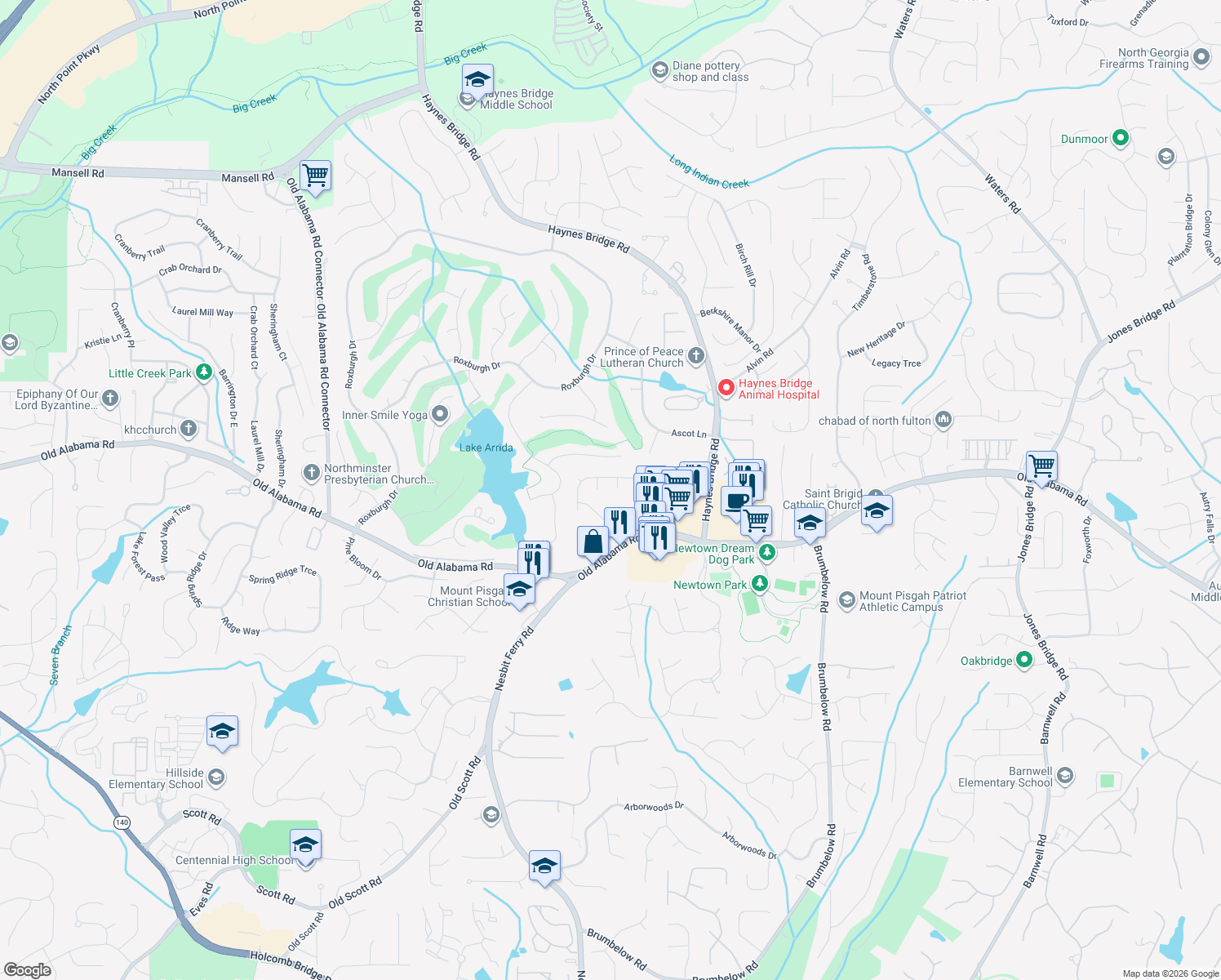 map of restaurants, bars, coffee shops, grocery stores, and more near 215 Ivey Oaks Way in Roswell