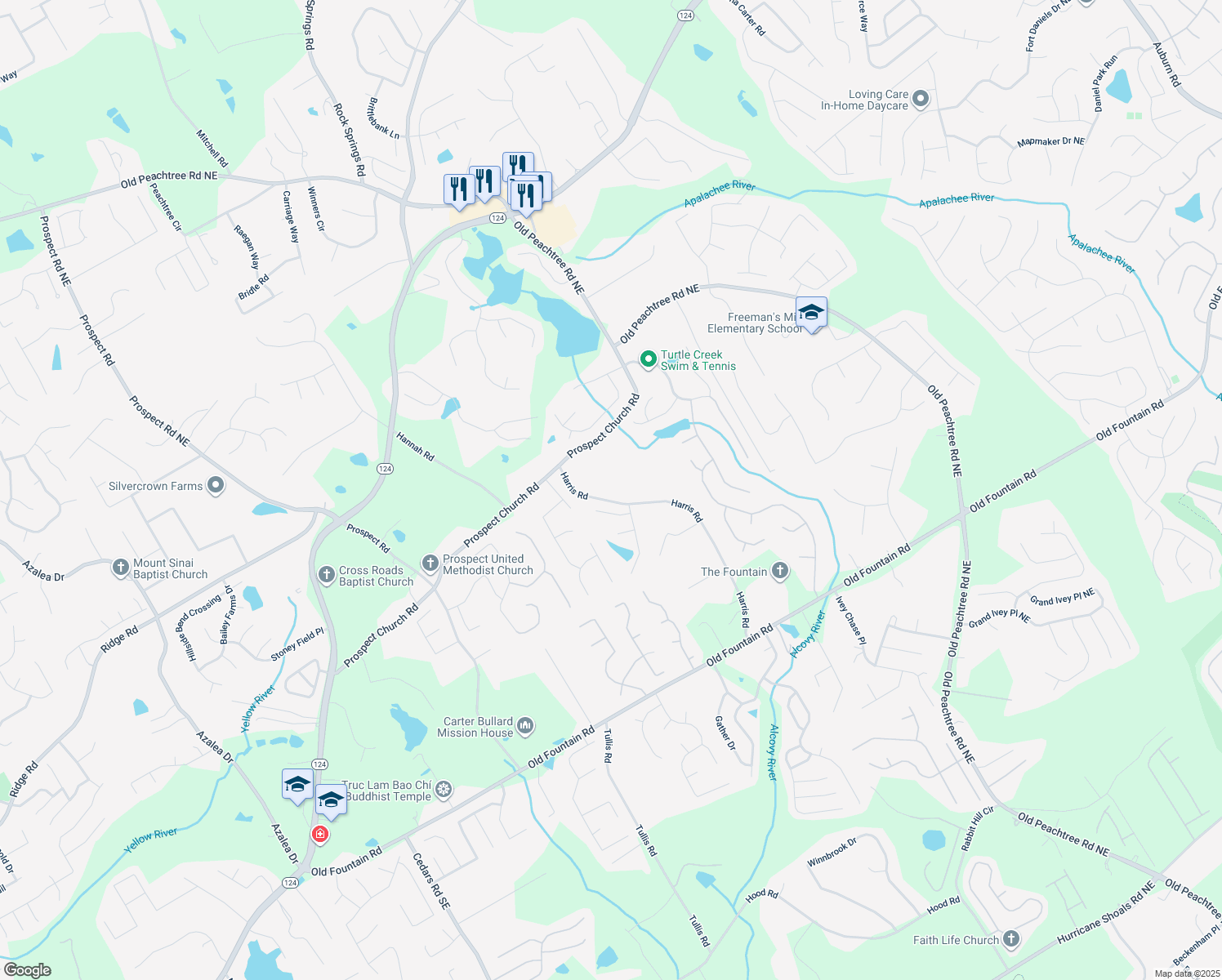 map of restaurants, bars, coffee shops, grocery stores, and more near 1459 Harris Road in Lawrenceville