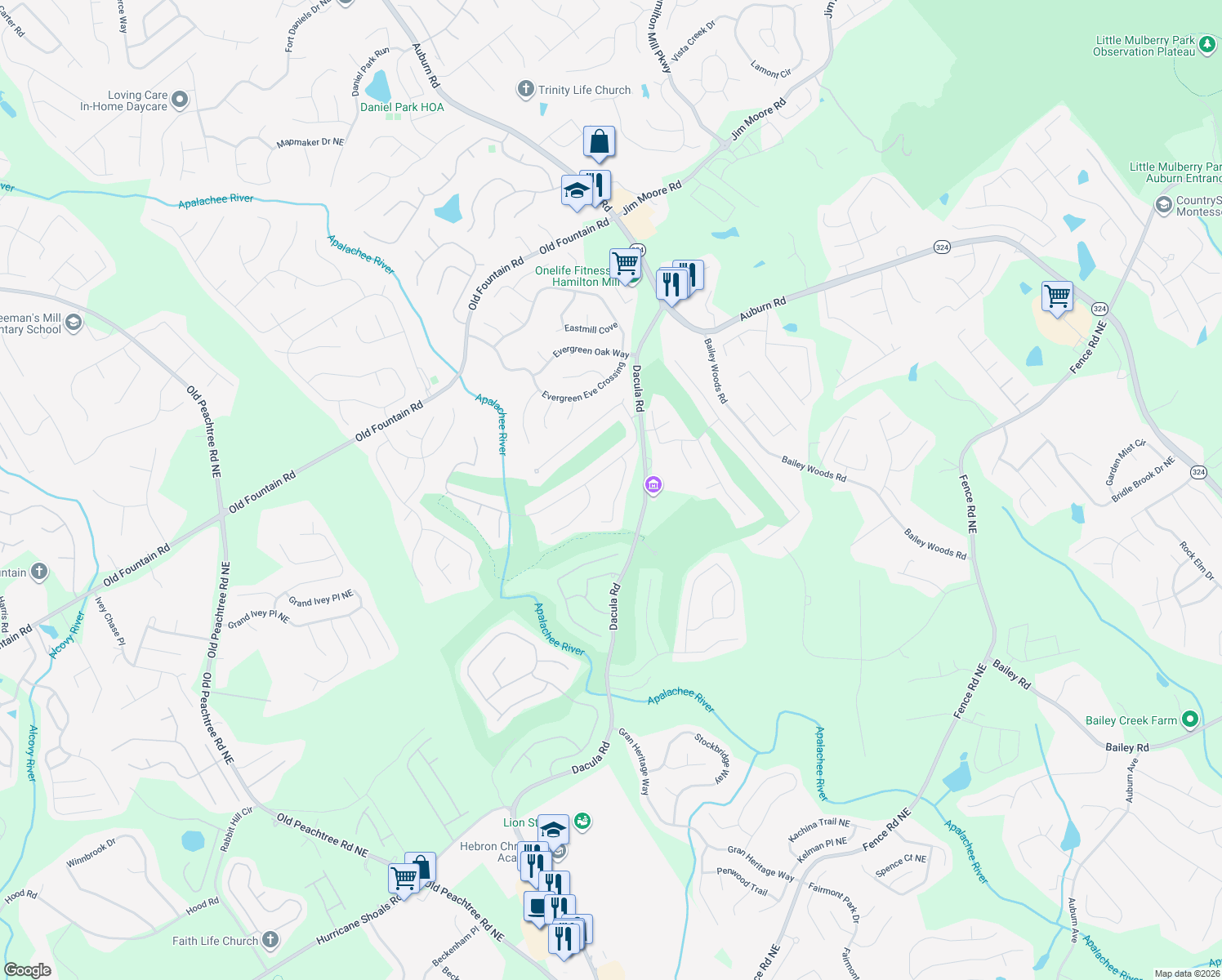 map of restaurants, bars, coffee shops, grocery stores, and more near 708 Timber Ives Dr in Dacula
