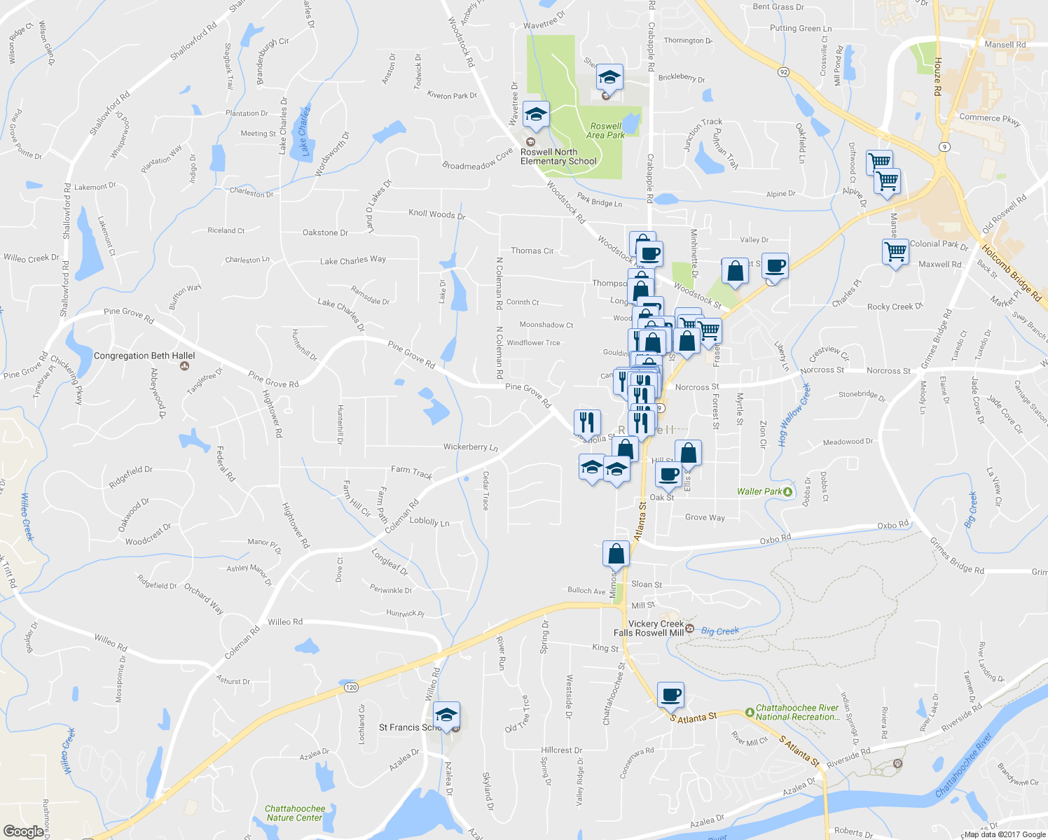 map of restaurants, bars, coffee shops, grocery stores, and more near 5025 Magnolia Walk in Roswell