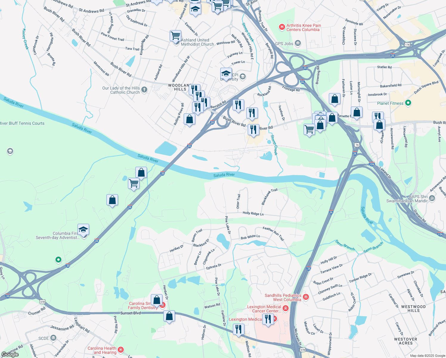 map of restaurants, bars, coffee shops, grocery stores, and more near 2645 Pine Lake Dr in West Columbia