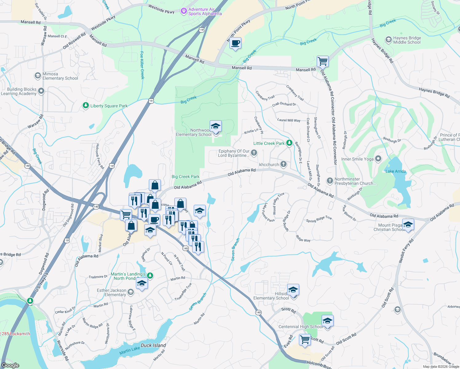 map of restaurants, bars, coffee shops, grocery stores, and more near 500 Ansley Dr in Roswell