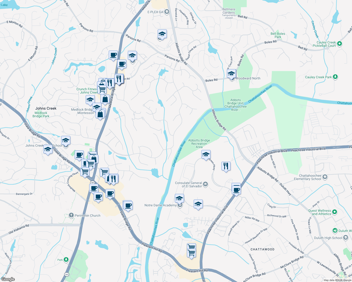 map of restaurants, bars, coffee shops, grocery stores, and more near 3141 Saint Ives Country Club Parkway in Duluth