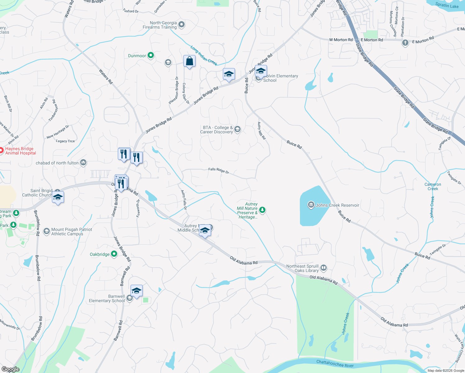 map of restaurants, bars, coffee shops, grocery stores, and more near 810 Falls Point Circle in Alpharetta
