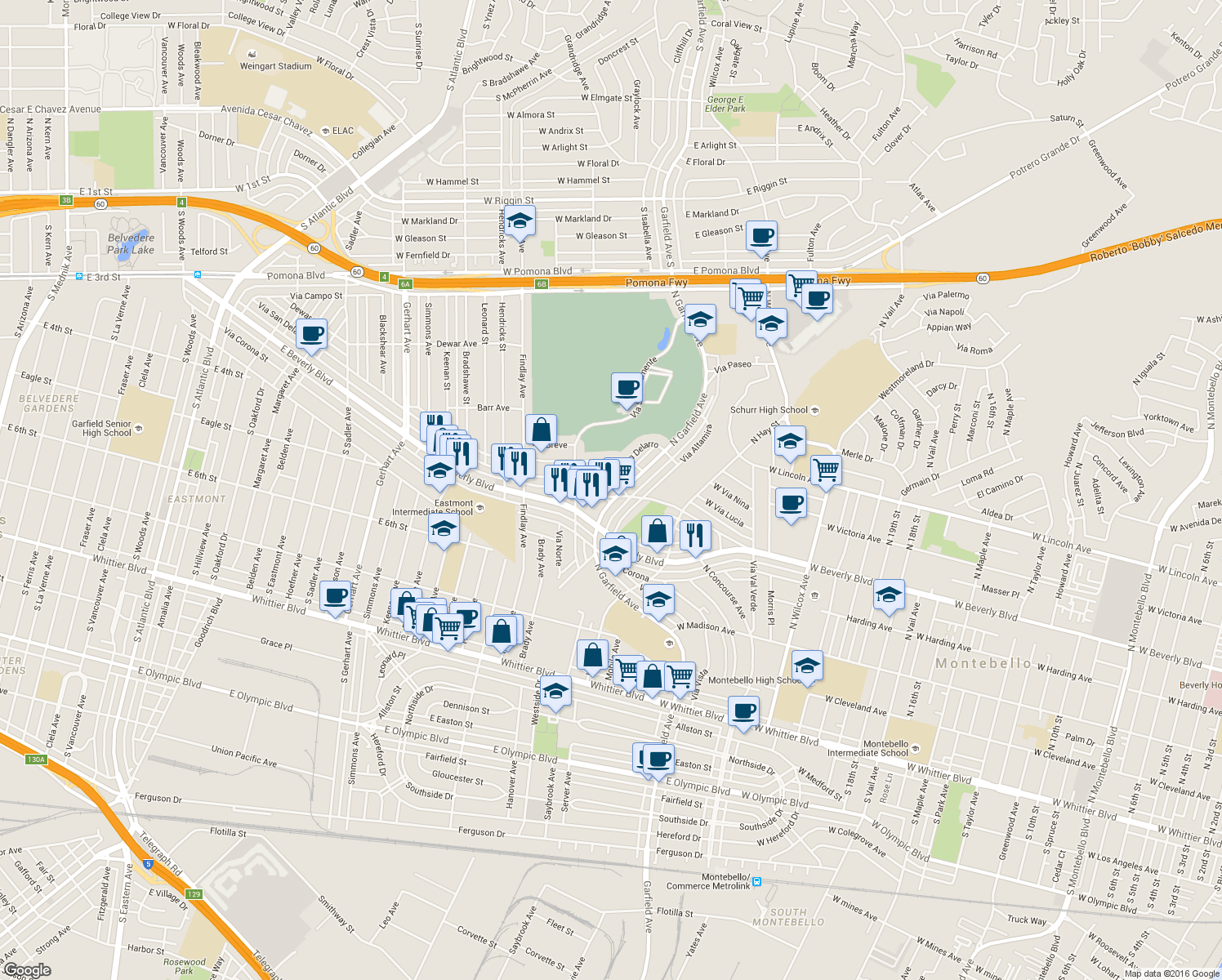map of restaurants, bars, coffee shops, grocery stores, and more near 2912 W Via Acosta in Montebello
