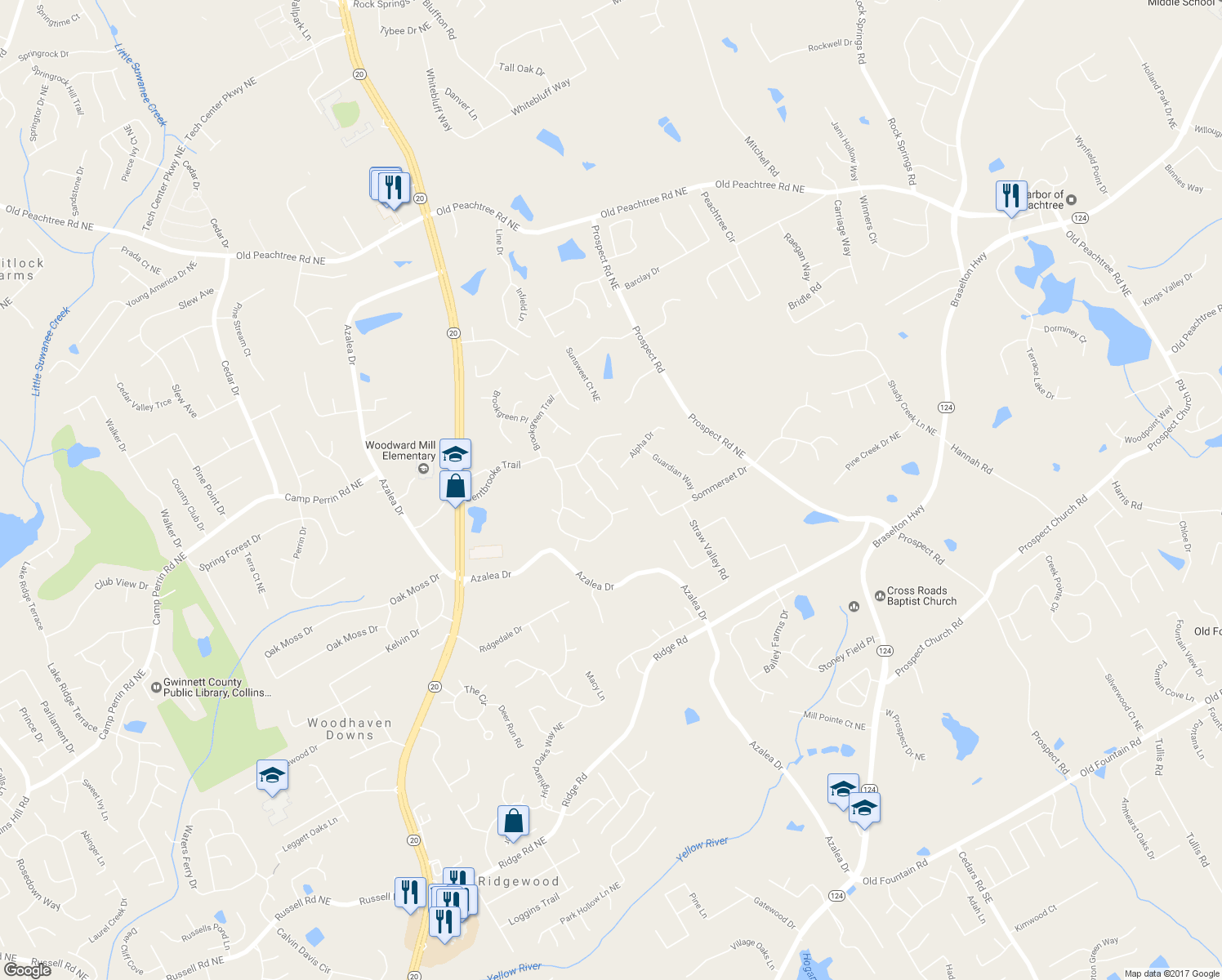 map of restaurants, bars, coffee shops, grocery stores, and more near 1871 Birch Briar Bend in Lawrenceville