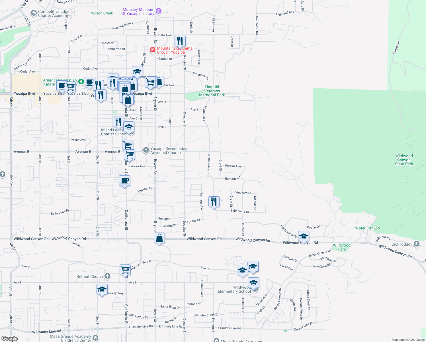 map of restaurants, bars, coffee shops, grocery stores, and more near 12627 Fremont Street in Yucaipa