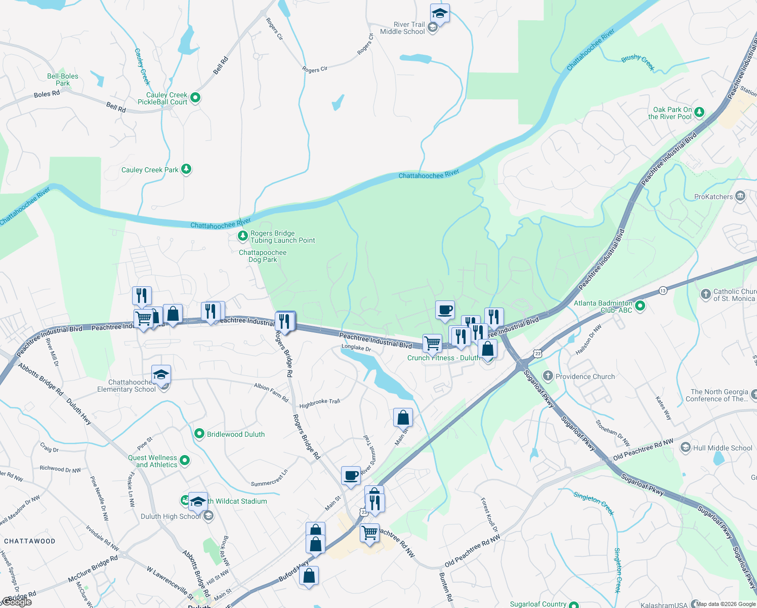 map of restaurants, bars, coffee shops, grocery stores, and more near 3915 Balleycastle Ln in Duluth