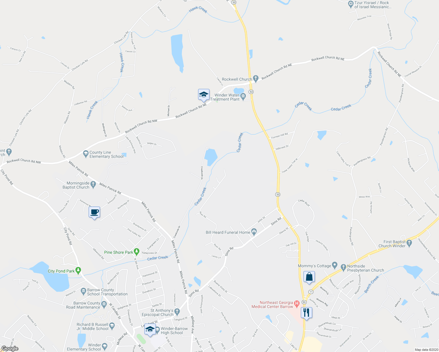 map of restaurants, bars, coffee shops, grocery stores, and more near 515 Ryan Lane in Winder