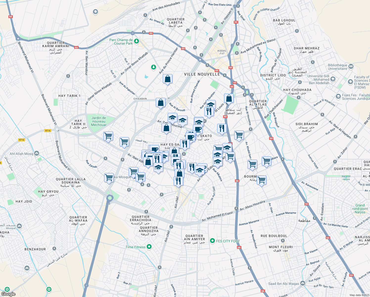 map of restaurants, bars, coffee shops, grocery stores, and more near Avenue Saint Louis in Fes