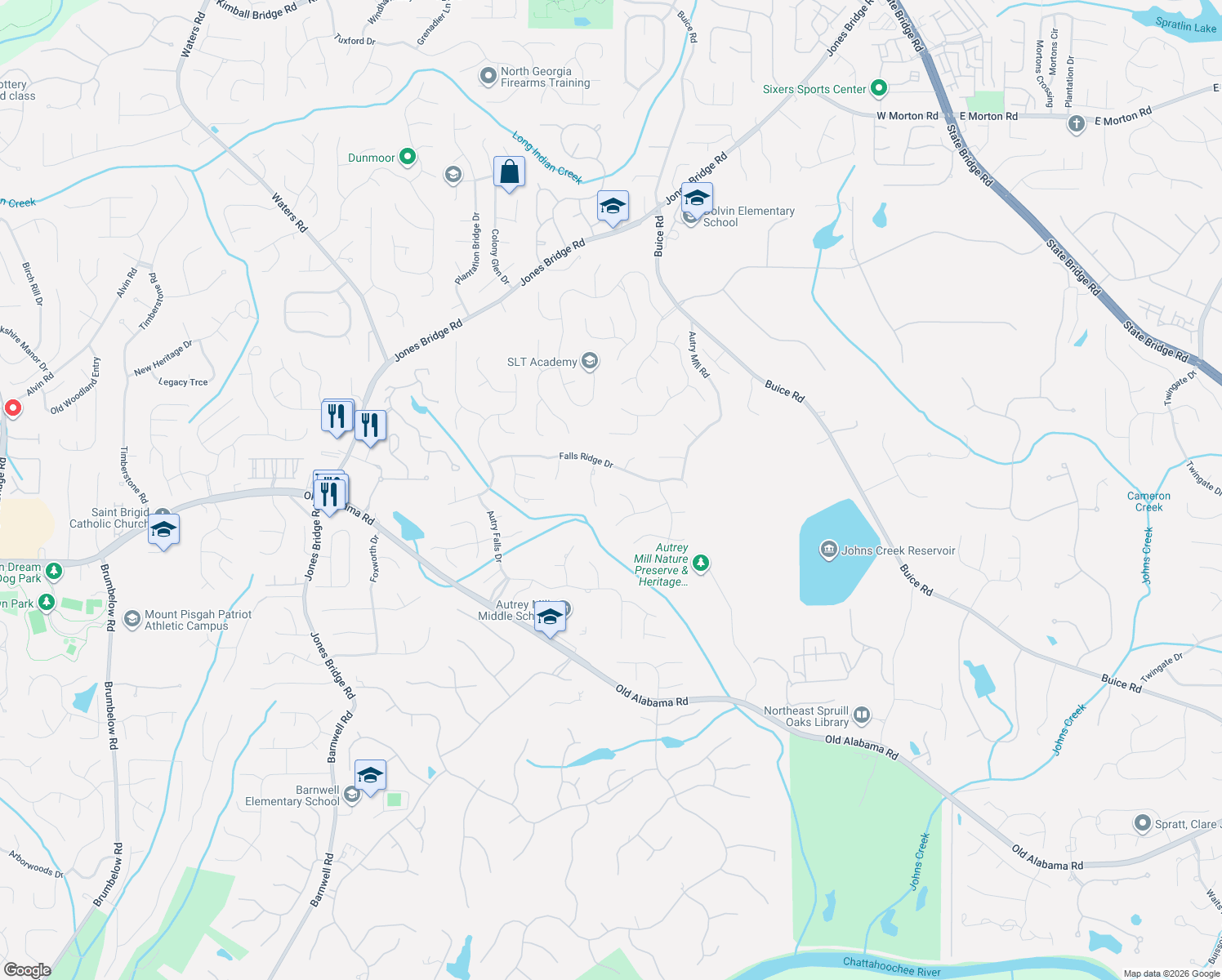 map of restaurants, bars, coffee shops, grocery stores, and more near 830 Falls Point Circle in Alpharetta