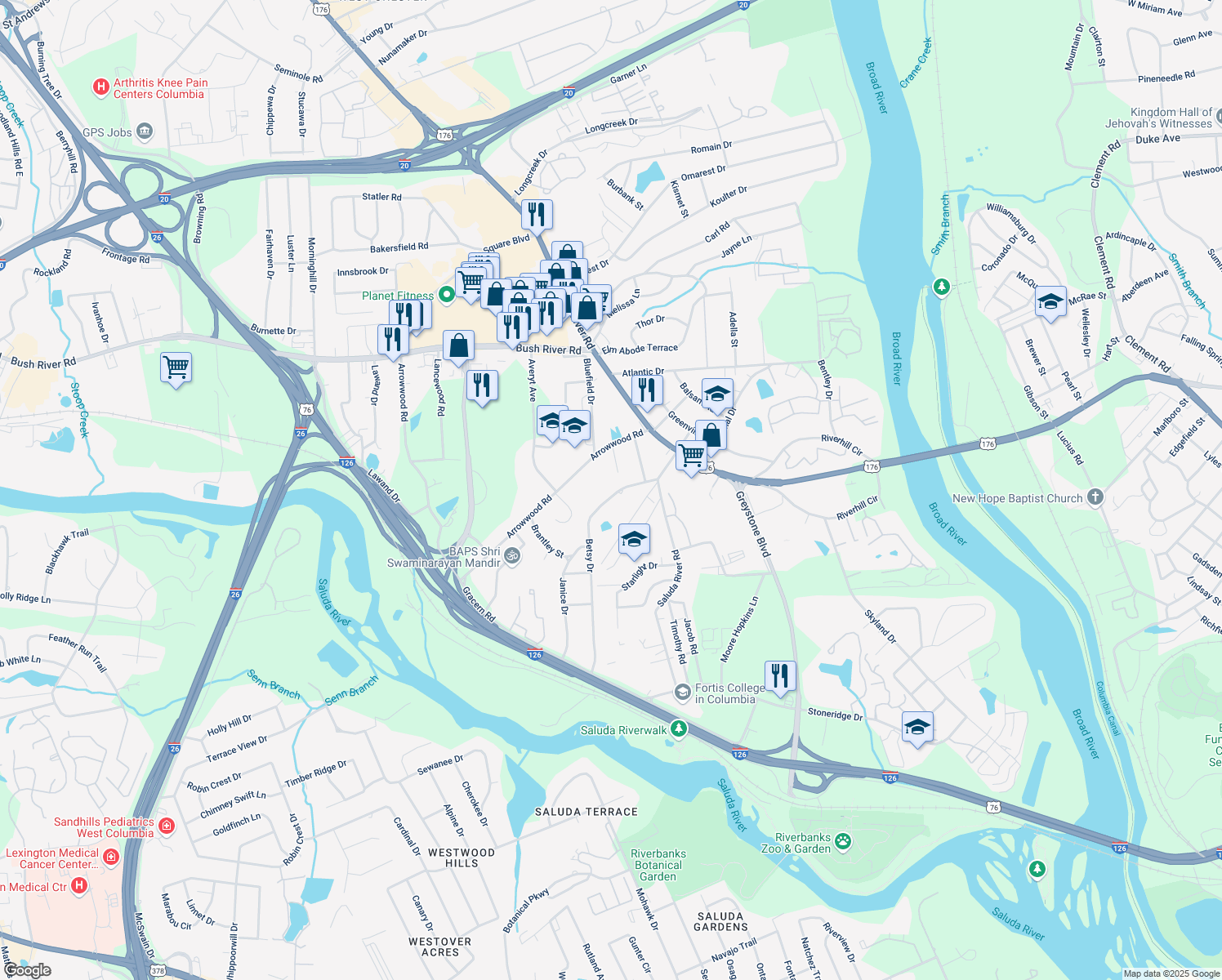map of restaurants, bars, coffee shops, grocery stores, and more near 1017 Betsy Drive in Columbia