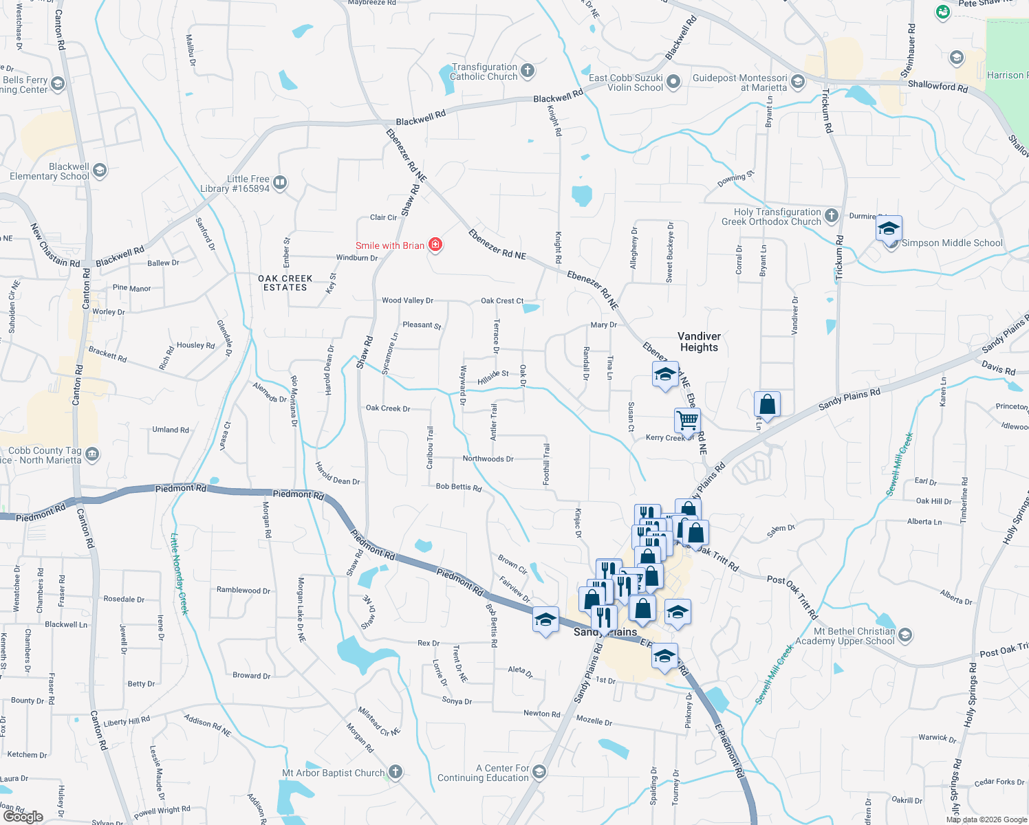 map of restaurants, bars, coffee shops, grocery stores, and more near 3023 Oak Drive in Marietta