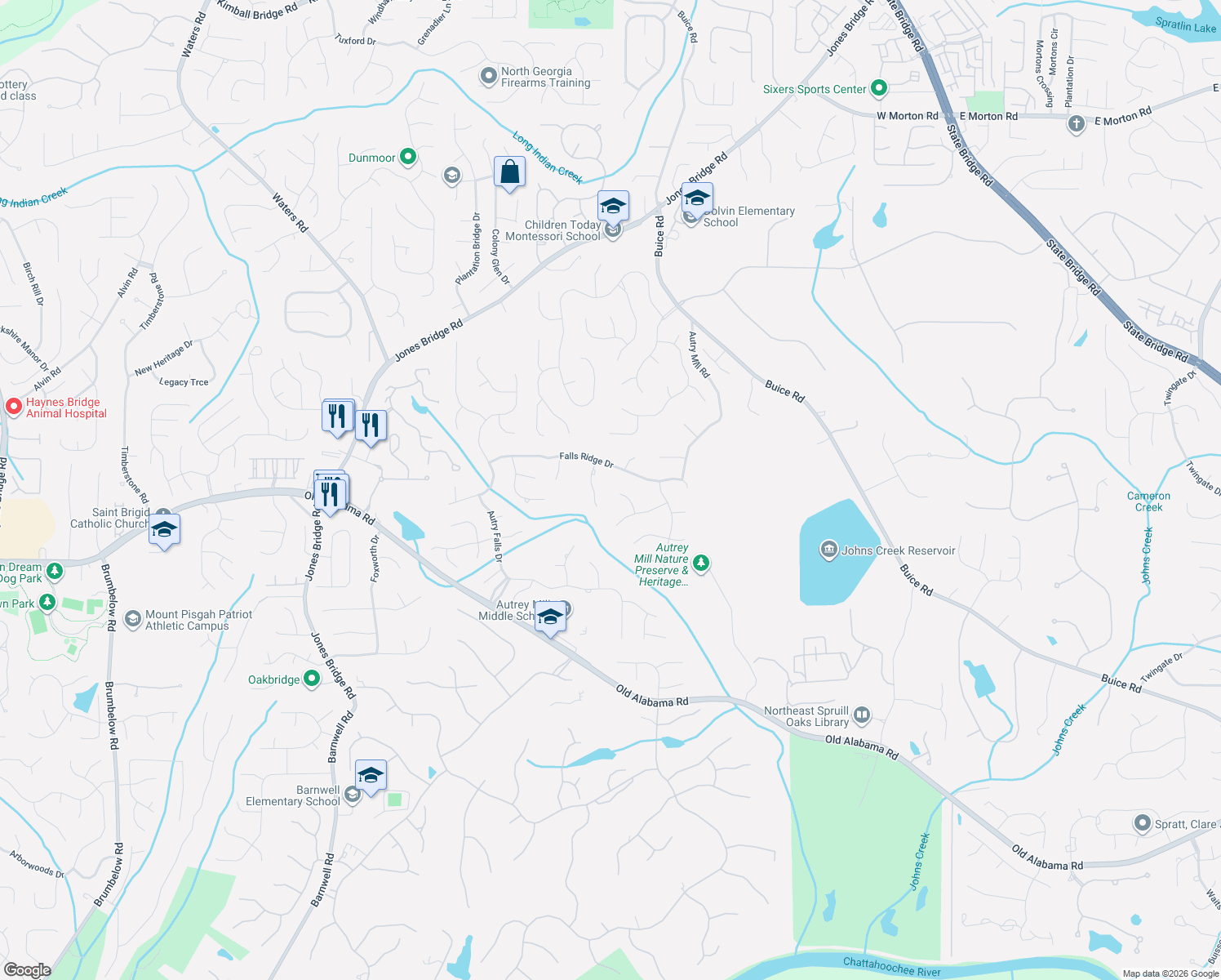 map of restaurants, bars, coffee shops, grocery stores, and more near 830 Falls Point Circle in Alpharetta