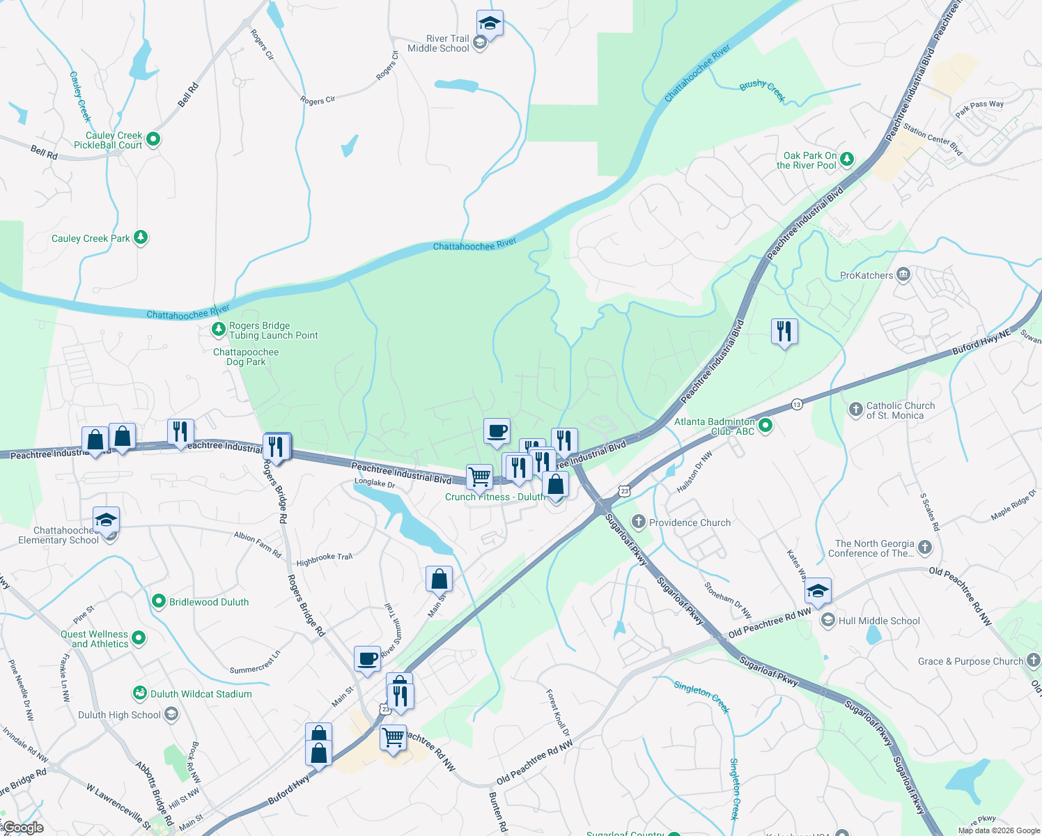 map of restaurants, bars, coffee shops, grocery stores, and more near 2162 Tallapoosa Dr in Duluth
